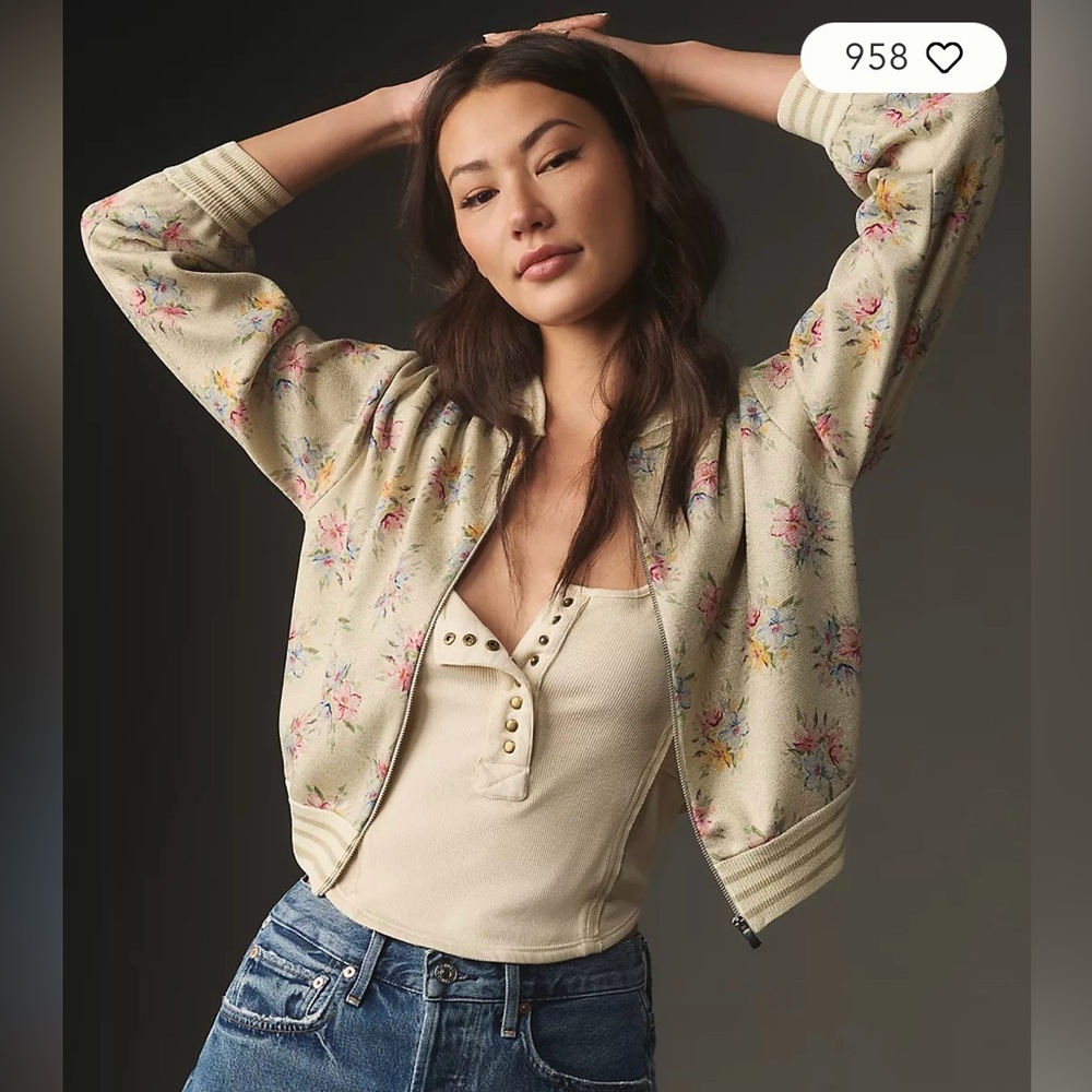Anthropologie Maeve Lurex Printed Knit Bomber Jacket